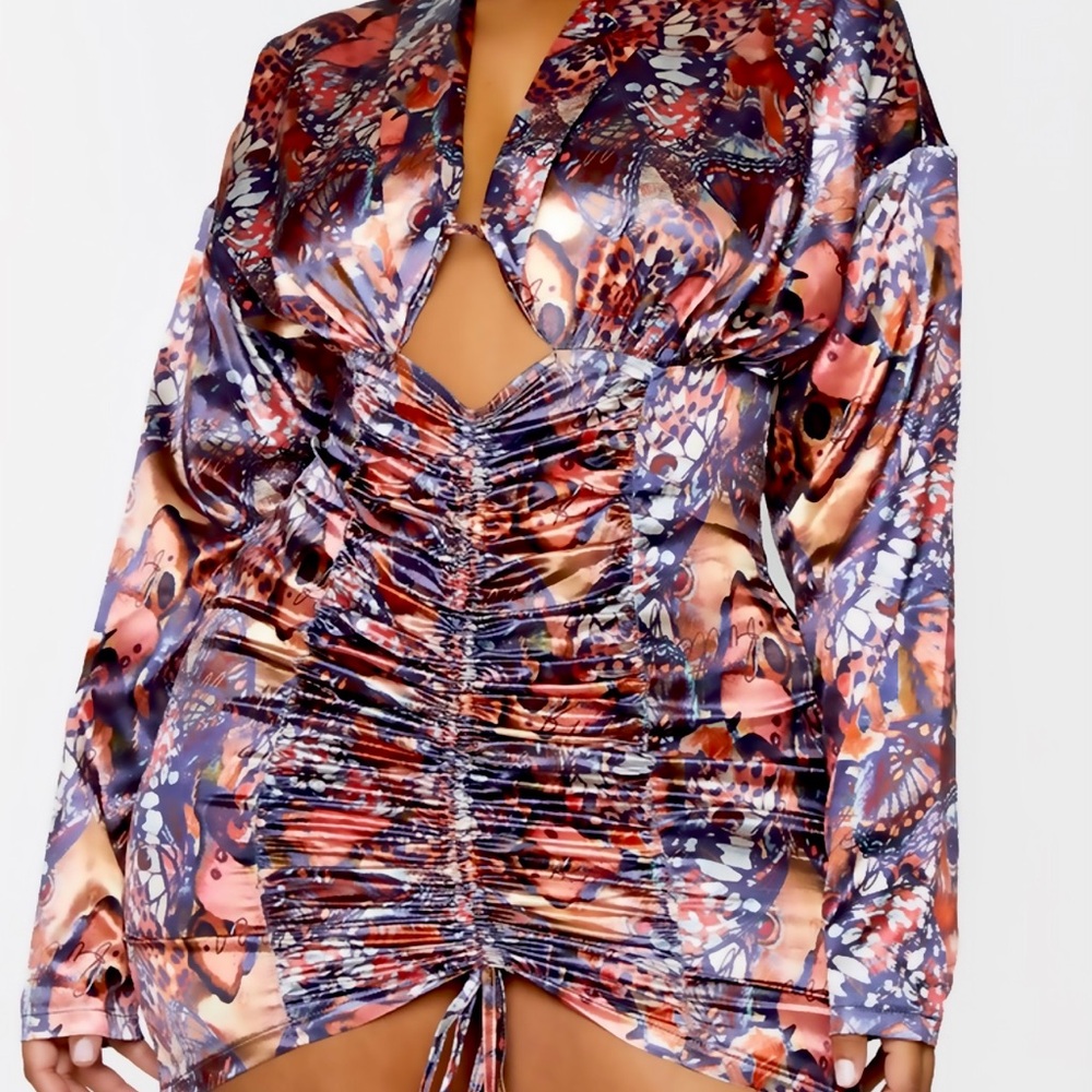 Rutched butterfly printed satin dress